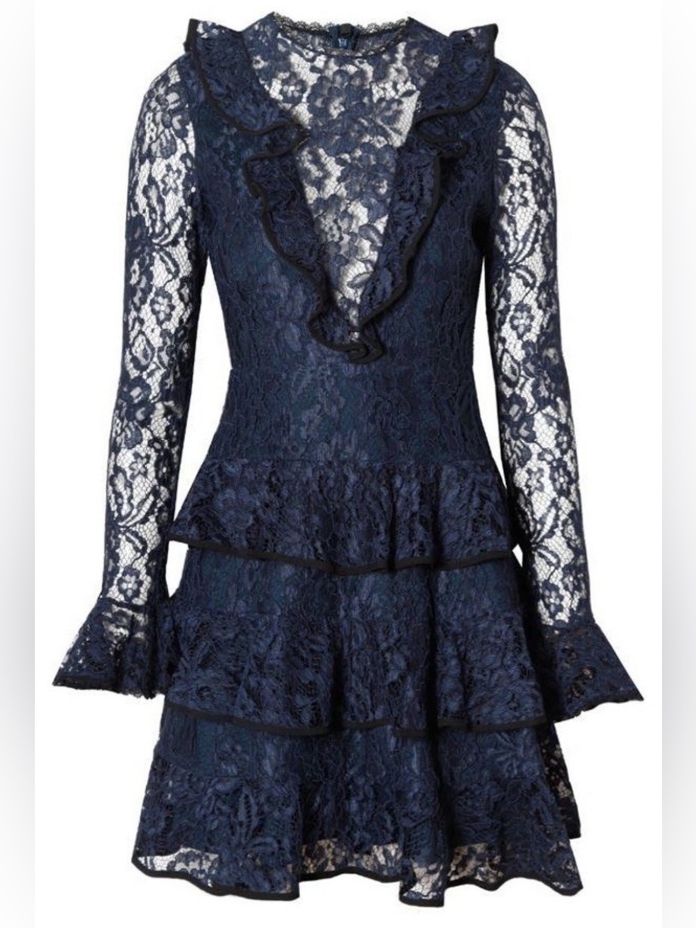 Like New - Alexis “Tracie” Navy Blue Lace Ruffle Tiered Long Sleeve Dress (XL)